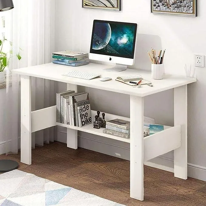 Lukzer Engineered Wood Computer Desk with One Tier Shelves Laptop Study Table for Office Home Workstation Writing Modern Desk (ST-004/ White / 90 x 50 x 77 cm)