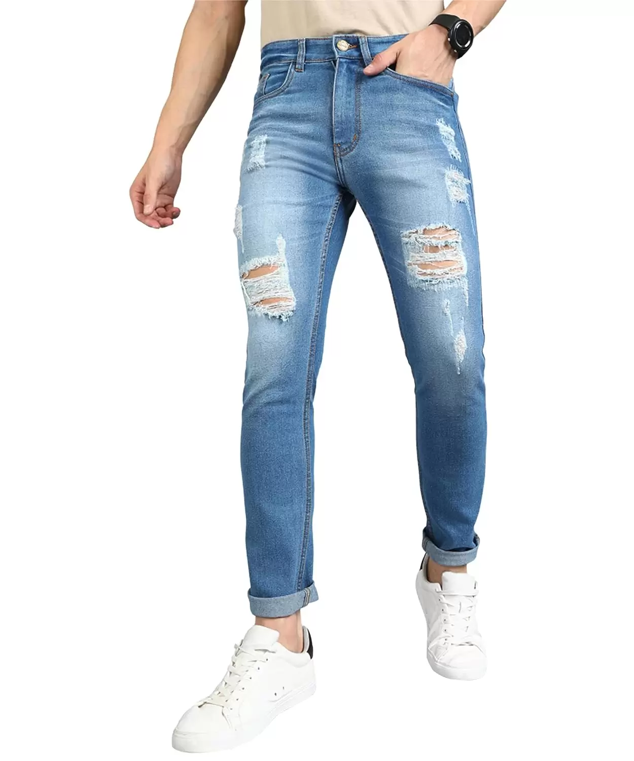 Urbano Fashion Men's Ice Blue Slim Fit Heavy Distressed/Torn Jeans
